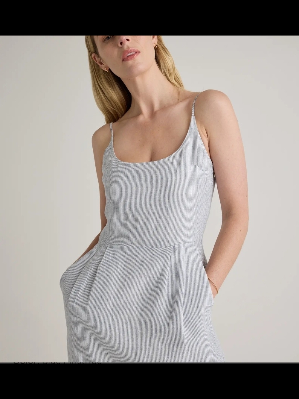 Quince 100% European Linen Scoop Neck Midi Dress Pockets Pinstripe Blue XS, Nwt